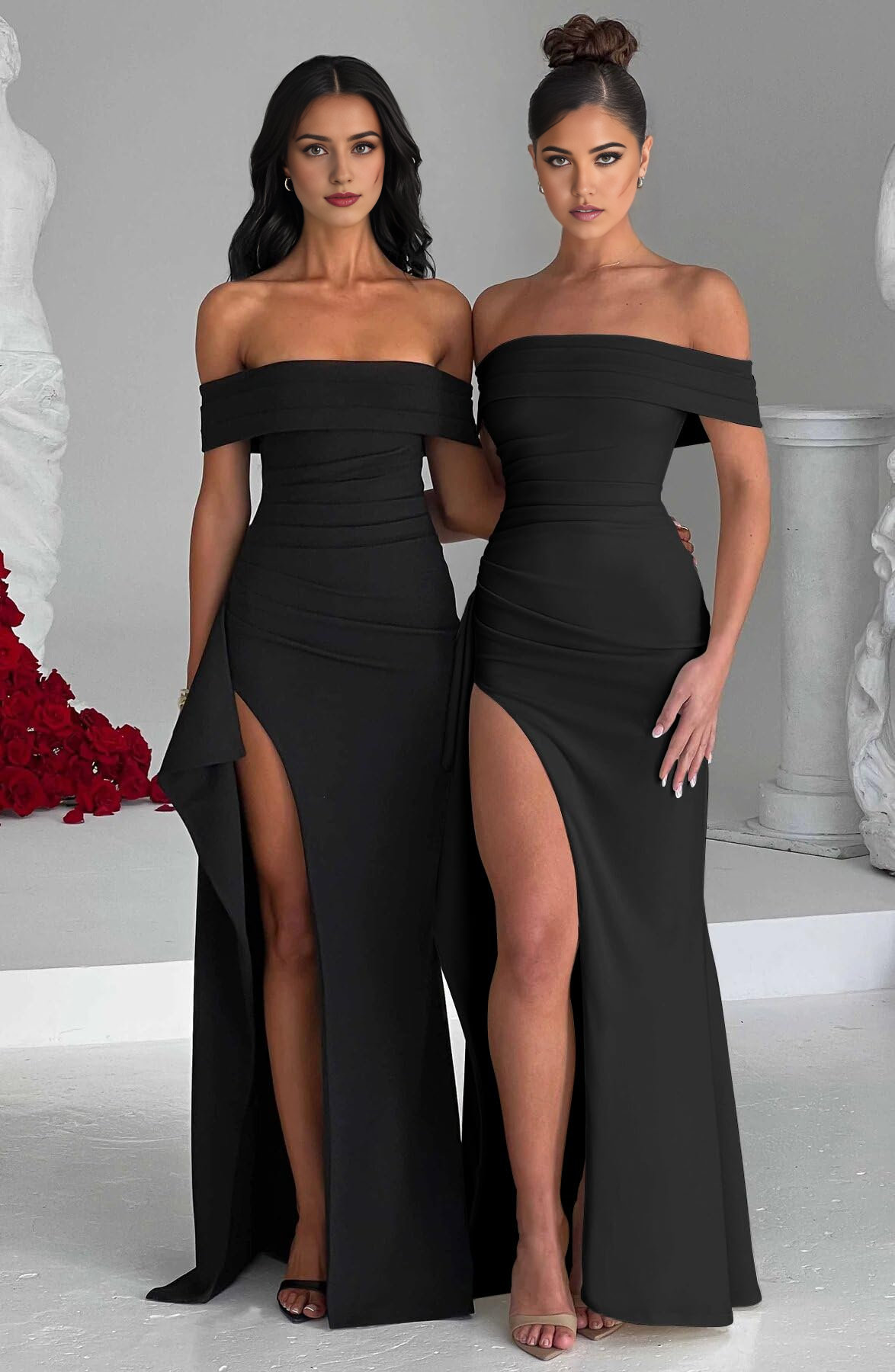 Elegante vestido de noche formal con hombros descubiertos, sin mangas, abertura alta y fruncido, vestidos de fiesta